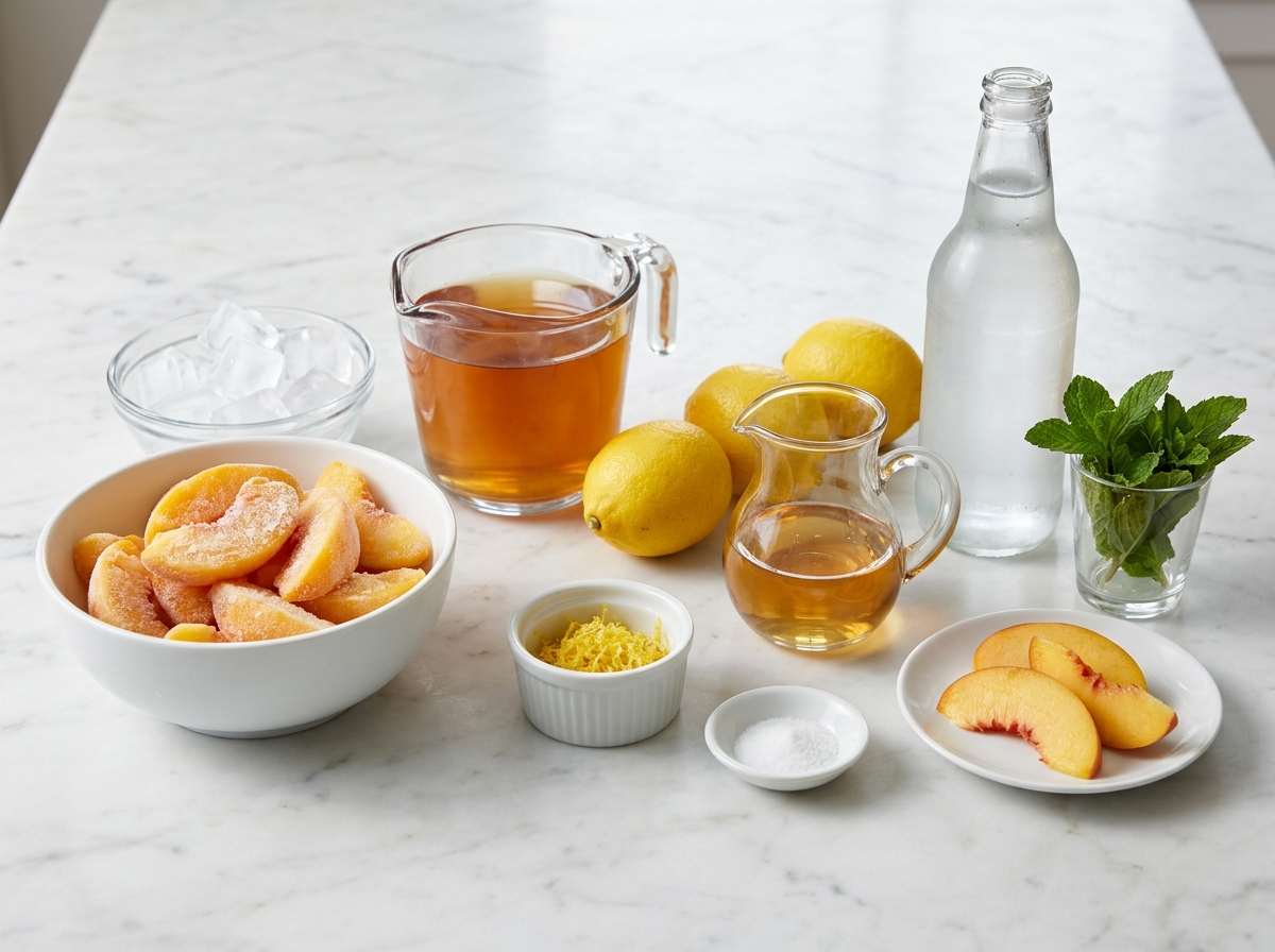 Ingredients for frozen peach slush with peaches, lemon, mint, and club soda