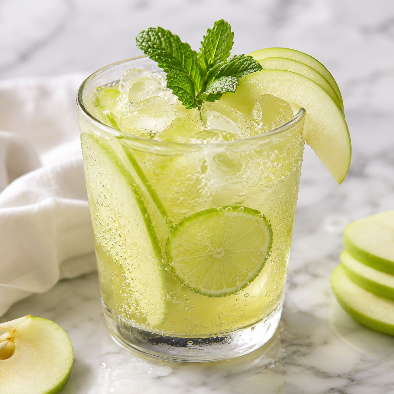 Green apple mocktail with lime, mint, ice, and apple slices
