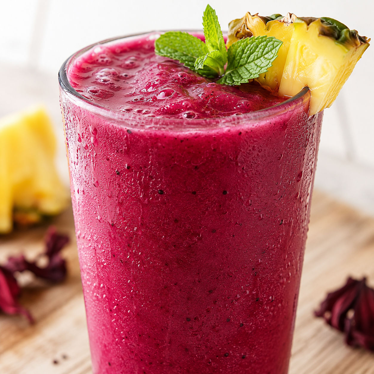 Vibrant pink hibiscus pineapple smoothie in a tall glass with pineapple and mint