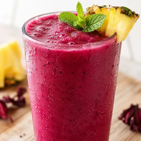 Vibrant pink hibiscus pineapple smoothie in a tall glass with pineapple and mint