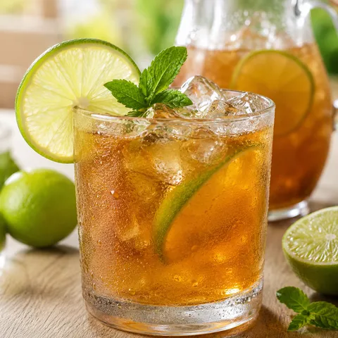 Jamaican lemonade with lime slices, mint, and ice in a glass