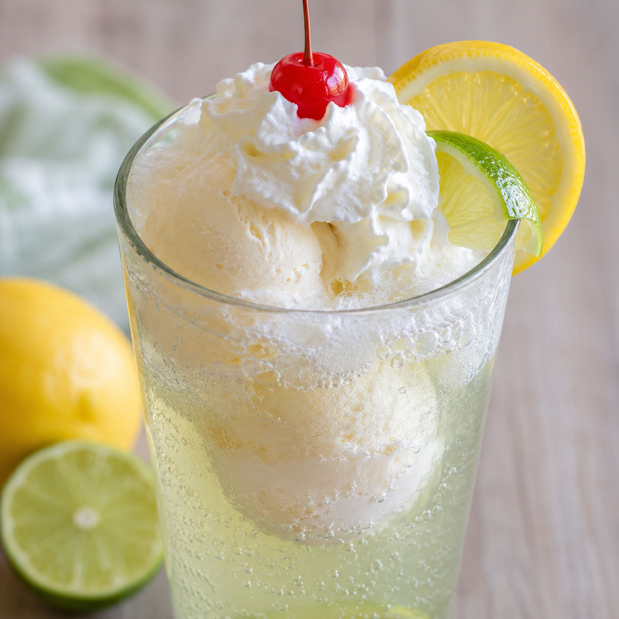 Lemon lime ice cream float with whipped cream and citrus garnish in a tall glass
