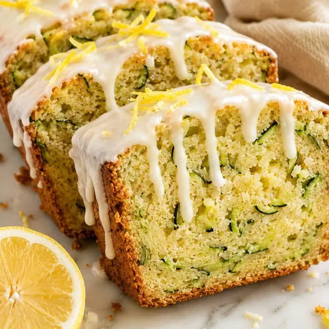 Lemon zucchini bread slices with glossy lemon glaze and zest