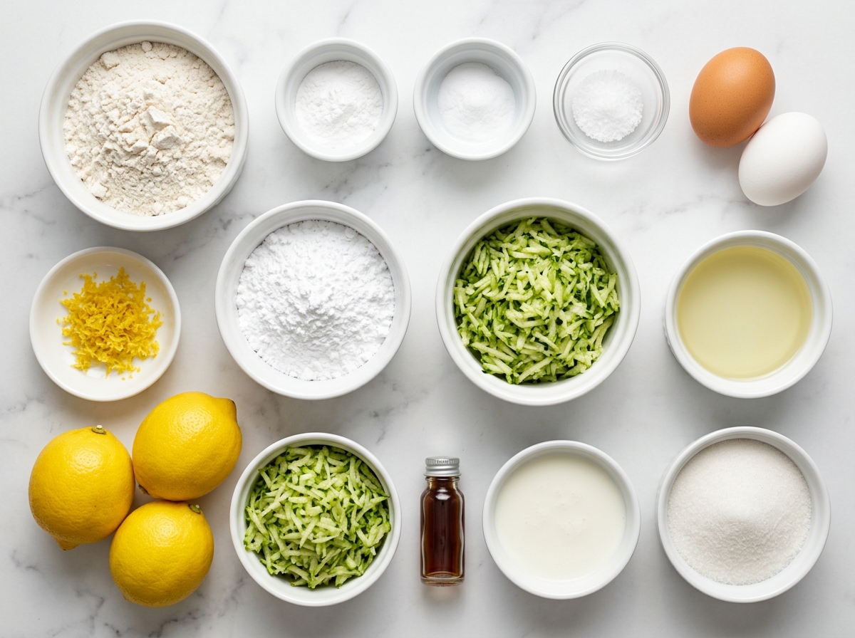 Ingredients for lemon zucchini bread with lemons, zucchini, eggs and flour