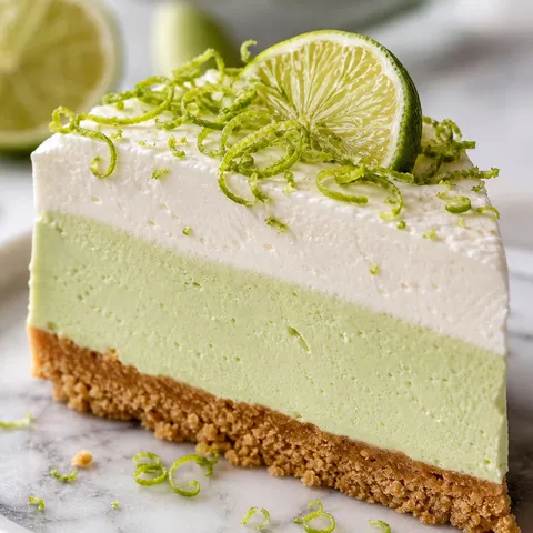 Slice of lime mousse cheesecake with graham crust and fluffy white topping