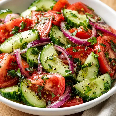 Marinated cucumber tomato onion salad with parsley and dill in a white bowl