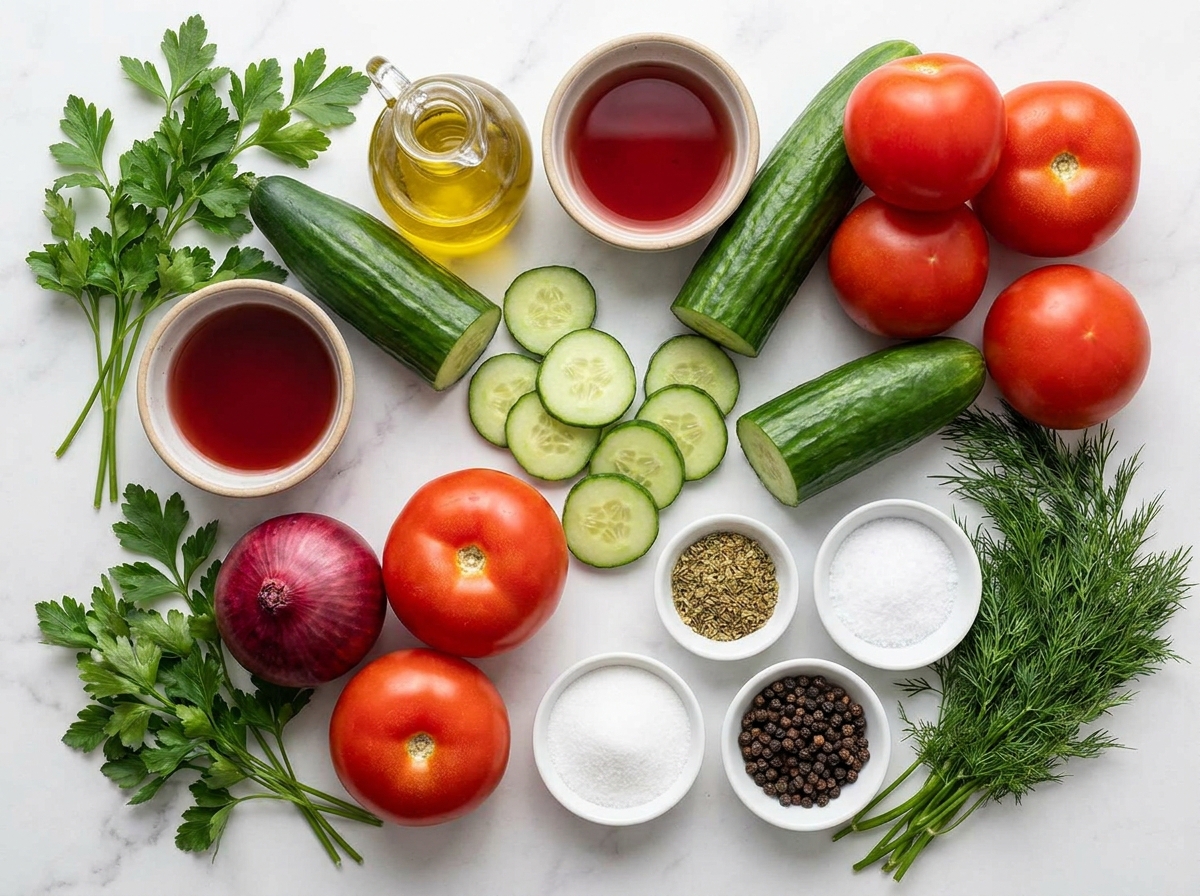 Cucumbers tomatoes red onion herbs vinegar and olive oil for marinated salad