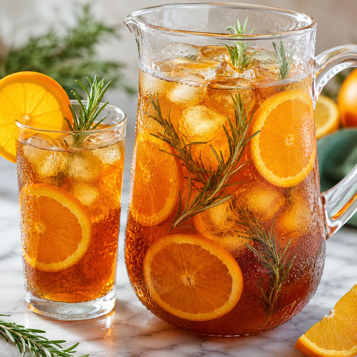 Glass pitcher of orange rosemary iced tea with orange slices and rosemary sprigs on a marble surface