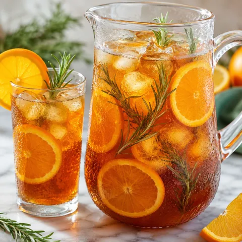 Glass pitcher of orange rosemary iced tea with orange slices and rosemary sprigs on a marble surface