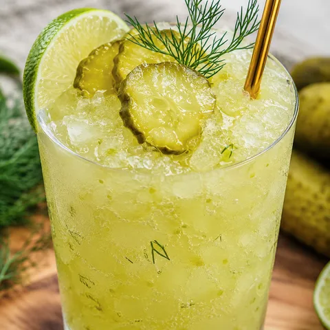 Refreshing pickle slushy with pickle chips, dill, and lime in a cold glass