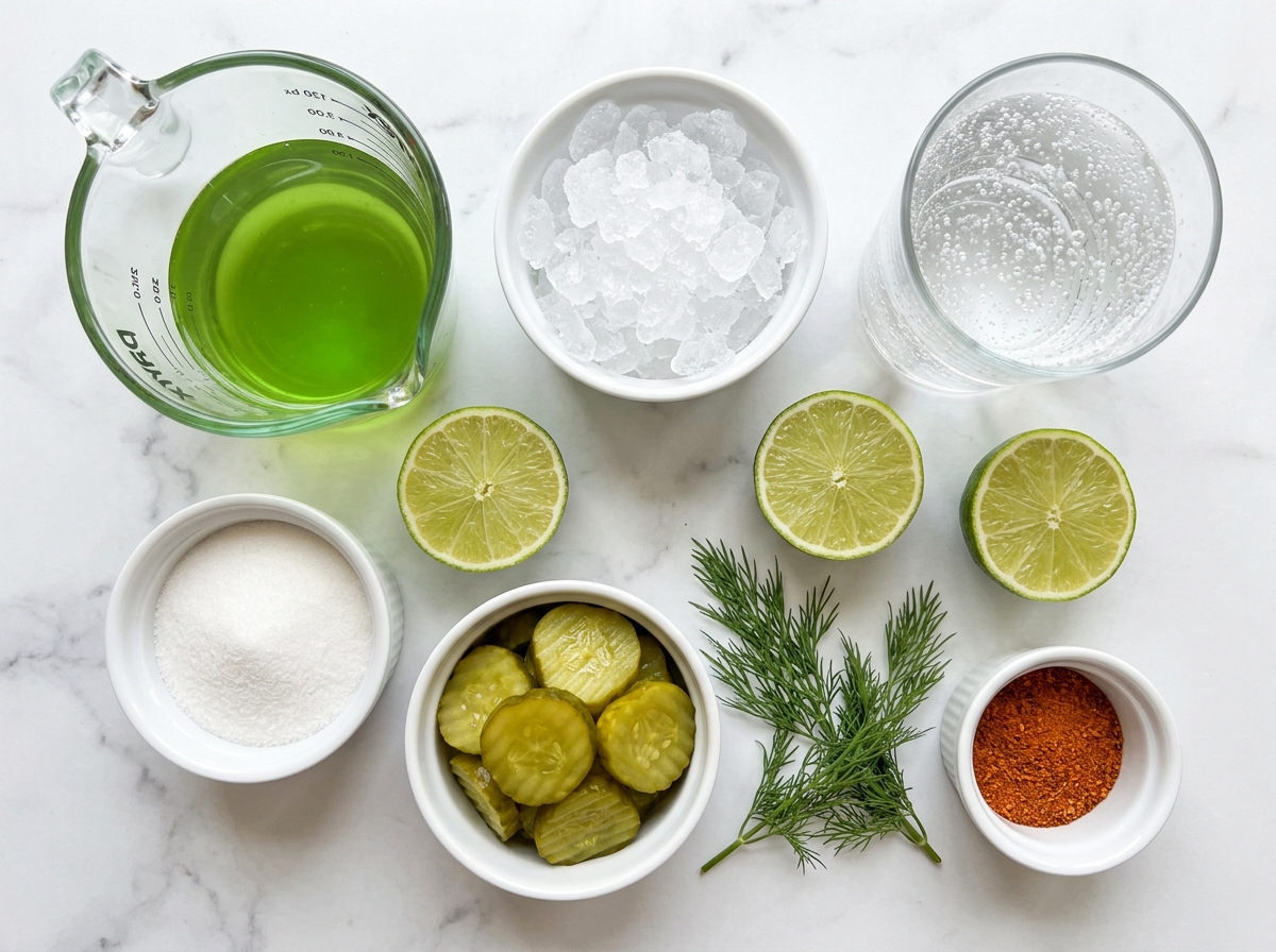 Pickle slushy ingredients with pickle juice, crushed ice, lime, soda, and dill