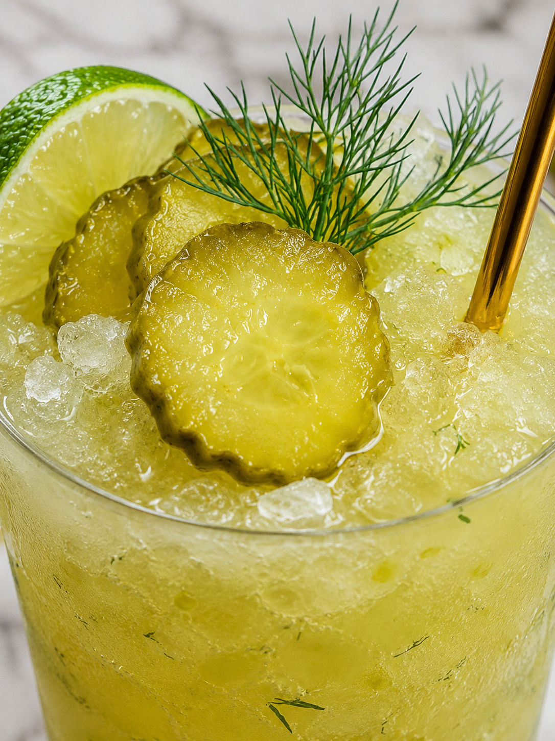 Refreshing Pickle Slushy, plated and served
