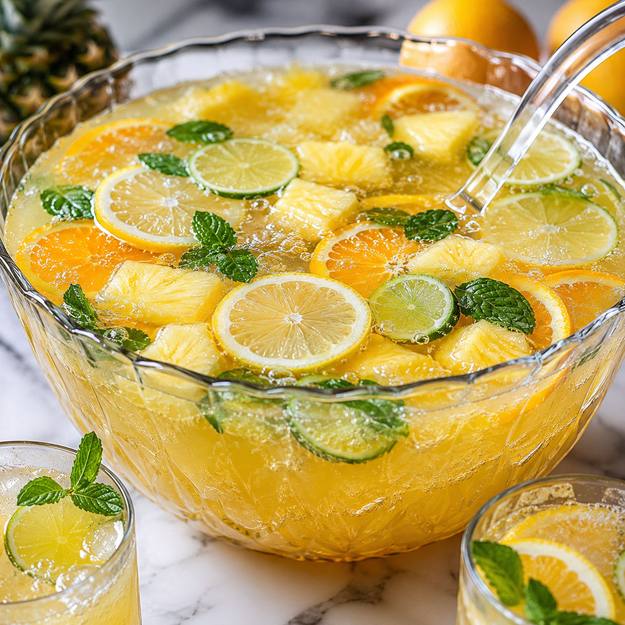 Pineapple lemonade punch with citrus slices, mint, bubbles, and ice