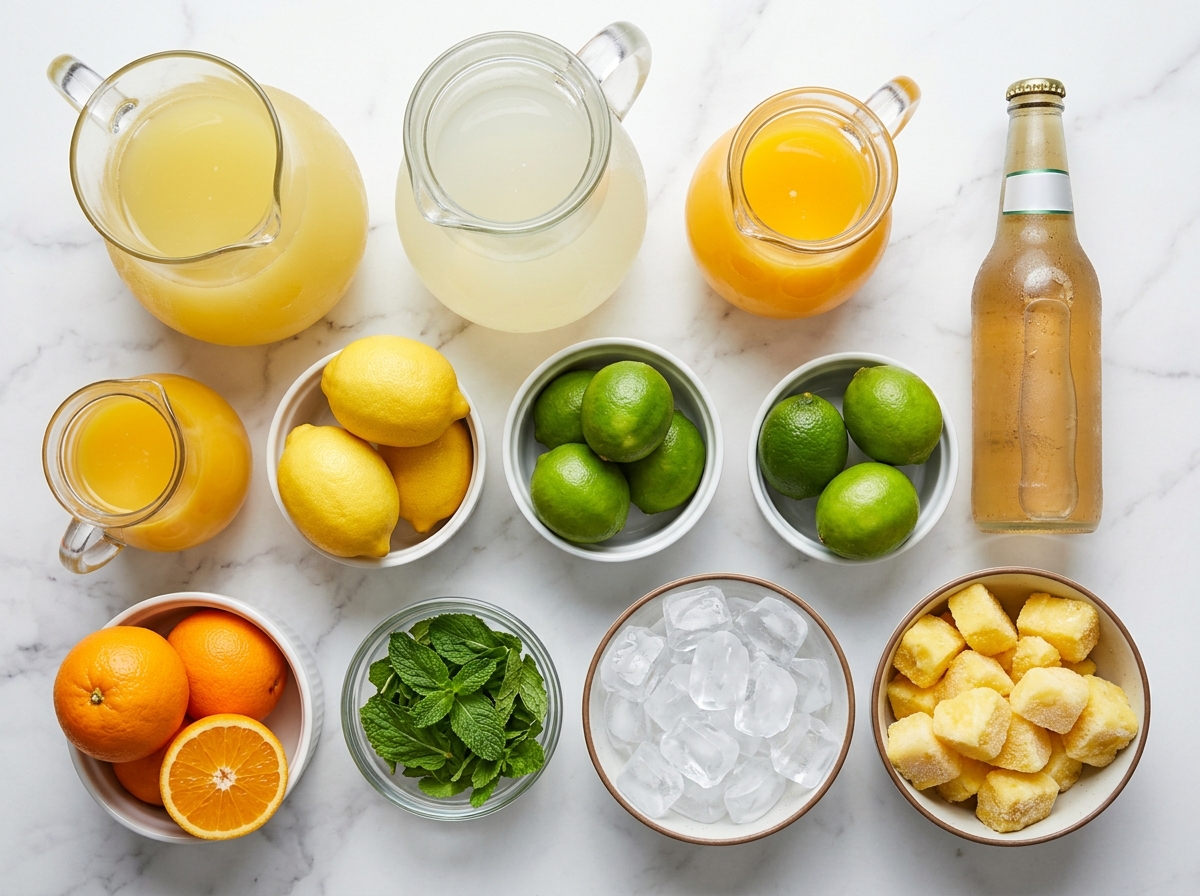 Ingredients for pineapple lemonade punch with citrus, mint, ginger ale, and ice