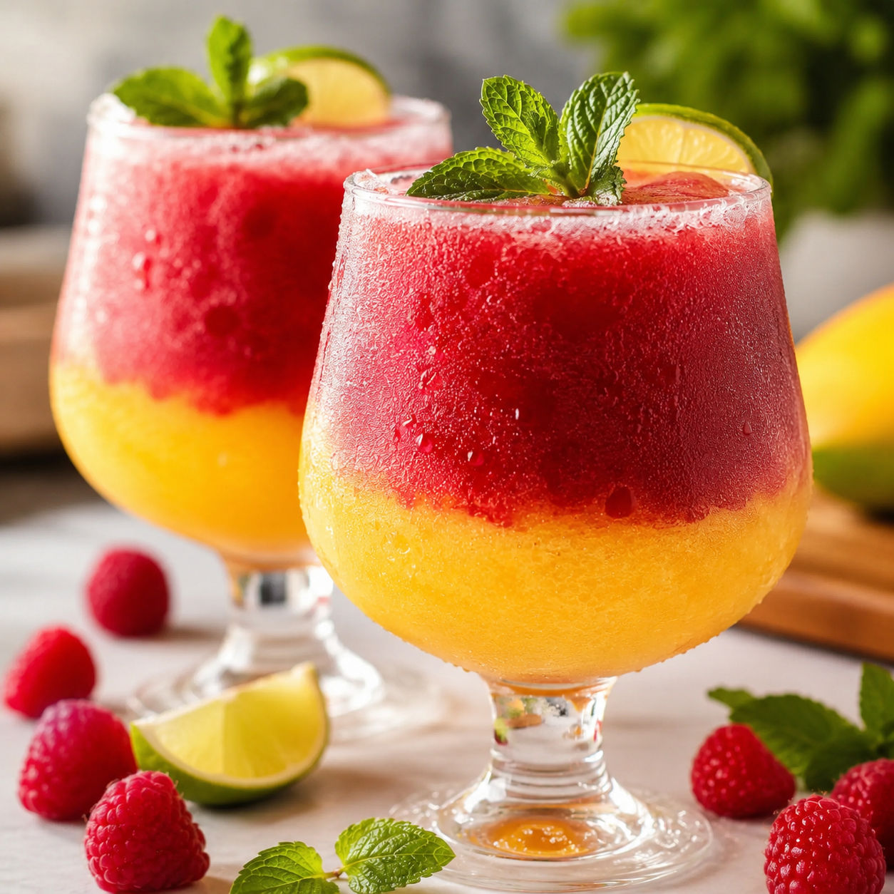 Layered raspberry mango daiquiris with mint and lime in clear glasses