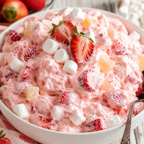 Strawberry fluff salad with marshmallows and fresh berries in a white bowl