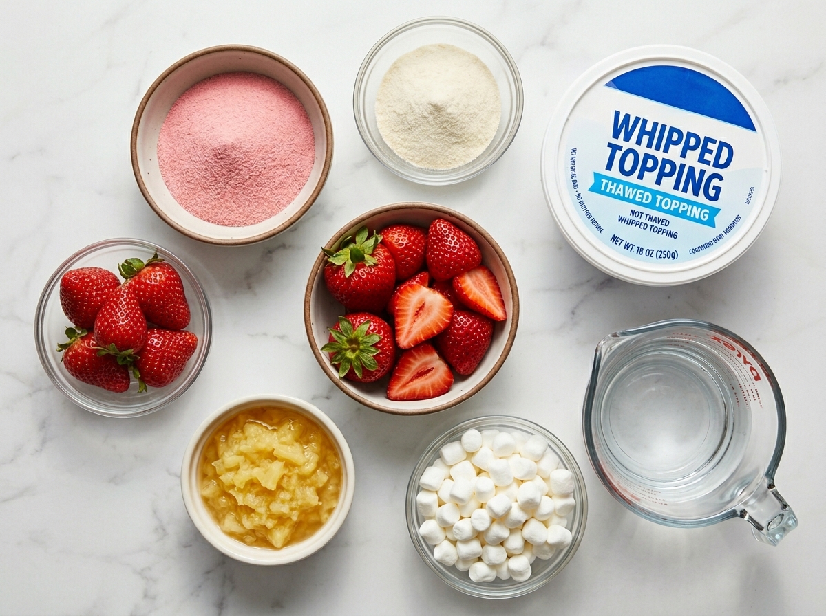 Ingredients for strawberry fluff salad with berries, marshmallows, and whipped topping