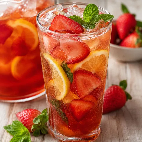 Strawberry iced tea with lemon slices, mint, and fresh berries
