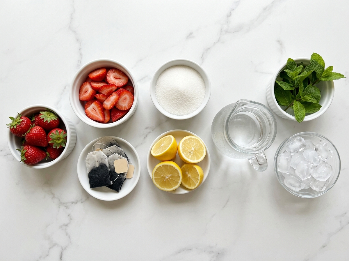 Ingredients for strawberry iced tea with berries, lemons, tea, sugar, and mint