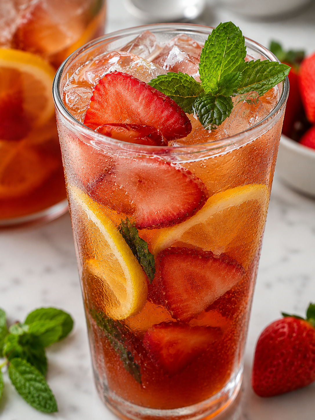 Refreshing Strawberry Iced Tea, plated and served