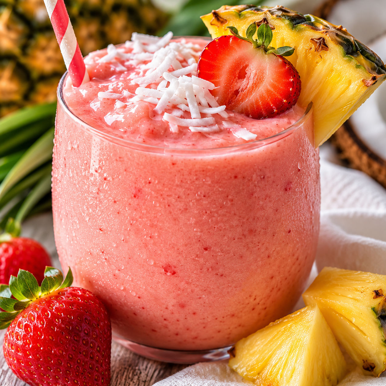 Strawberry piña colada smoothie with coconut, strawberry, and pineapple