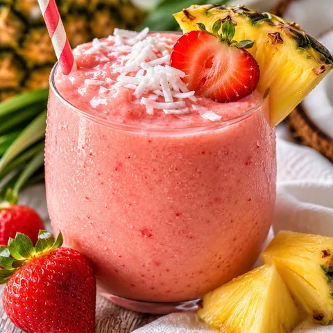 Strawberry piña colada smoothie with coconut, strawberry, and pineapple