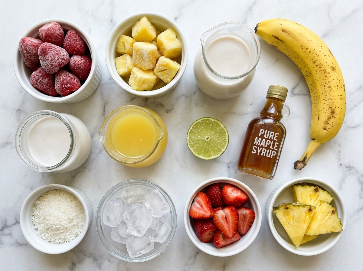 Ingredients for strawberry piña colada smoothie with fruit and coconut milk
