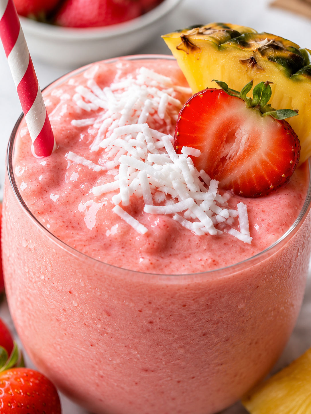 Refreshing Strawberry Piña Colada Smoothie, plated and served