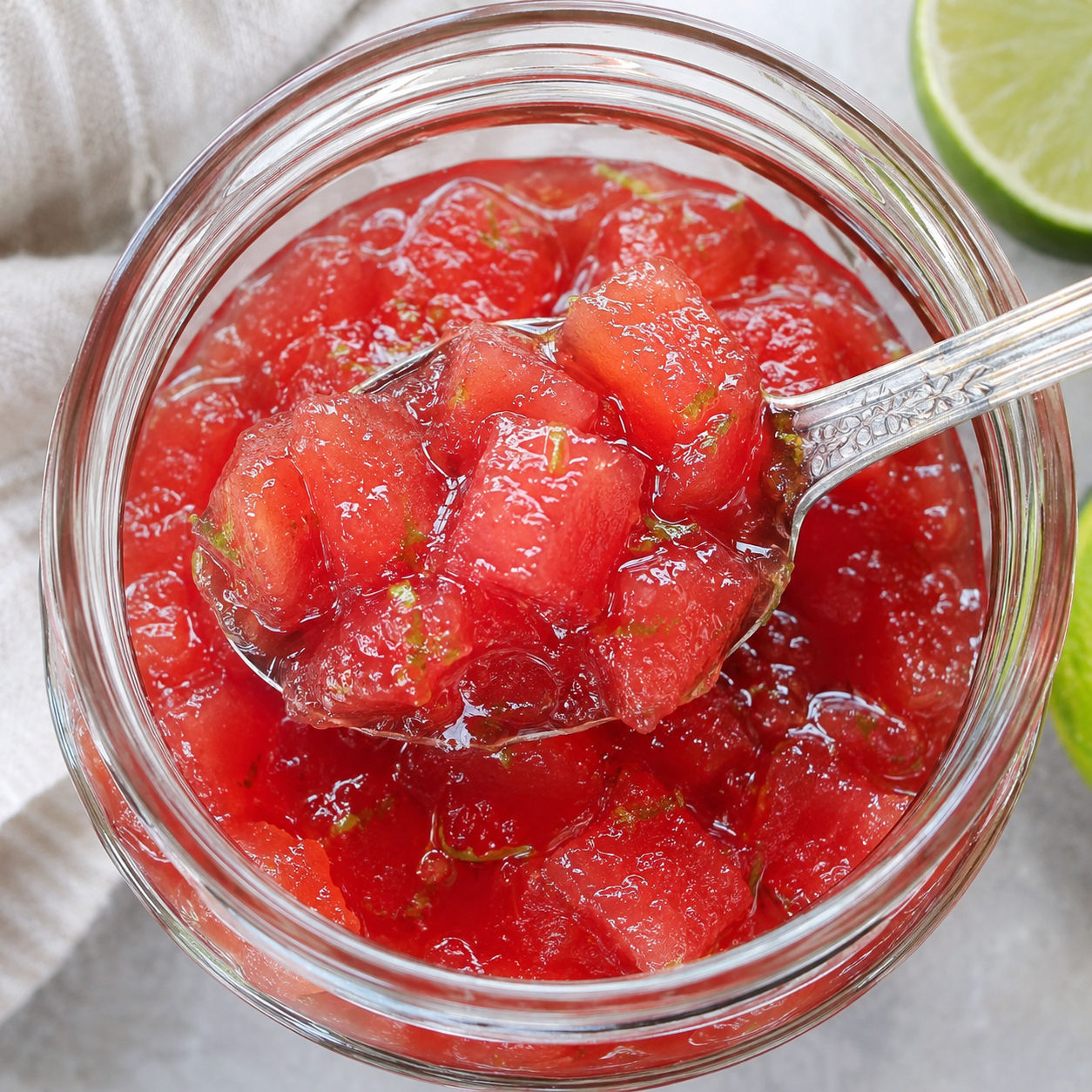 Jar of ruby watermelon lime preserves with a spoonful on the rim