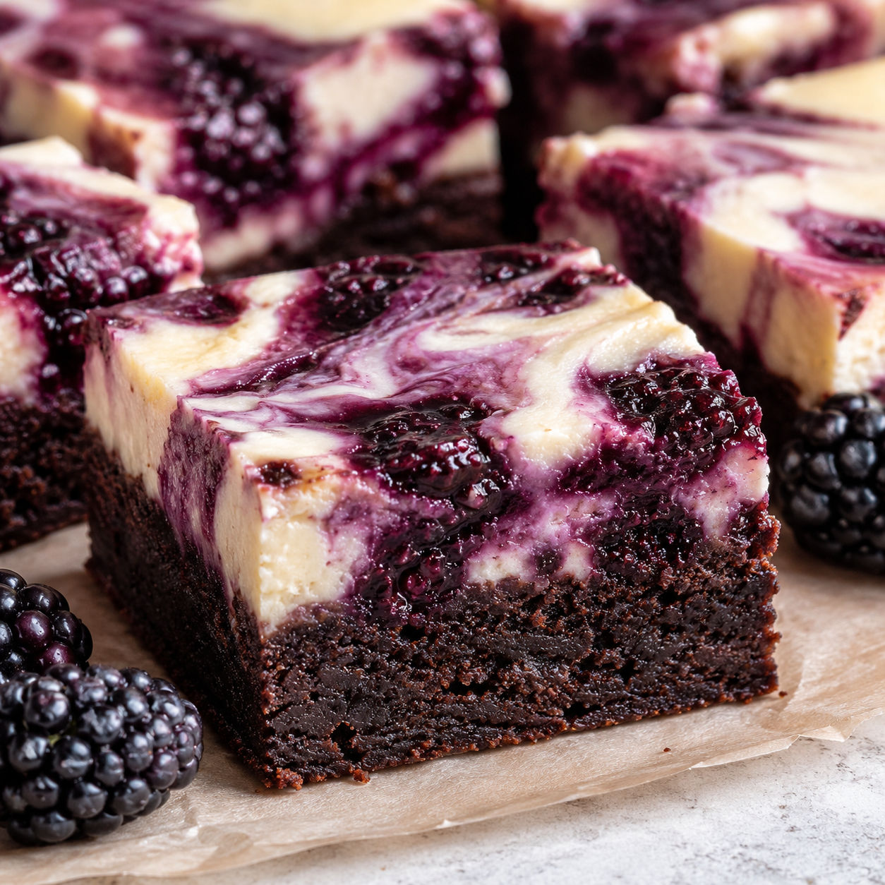 Blackberry cheesecake brownies with purple swirls and fresh berries