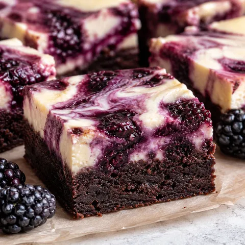 Blackberry cheesecake brownies with purple swirls and fresh berries
