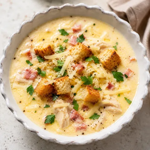 Creamy chicken cordon bleu soup with ham, Swiss cheese, parsley, and croutons