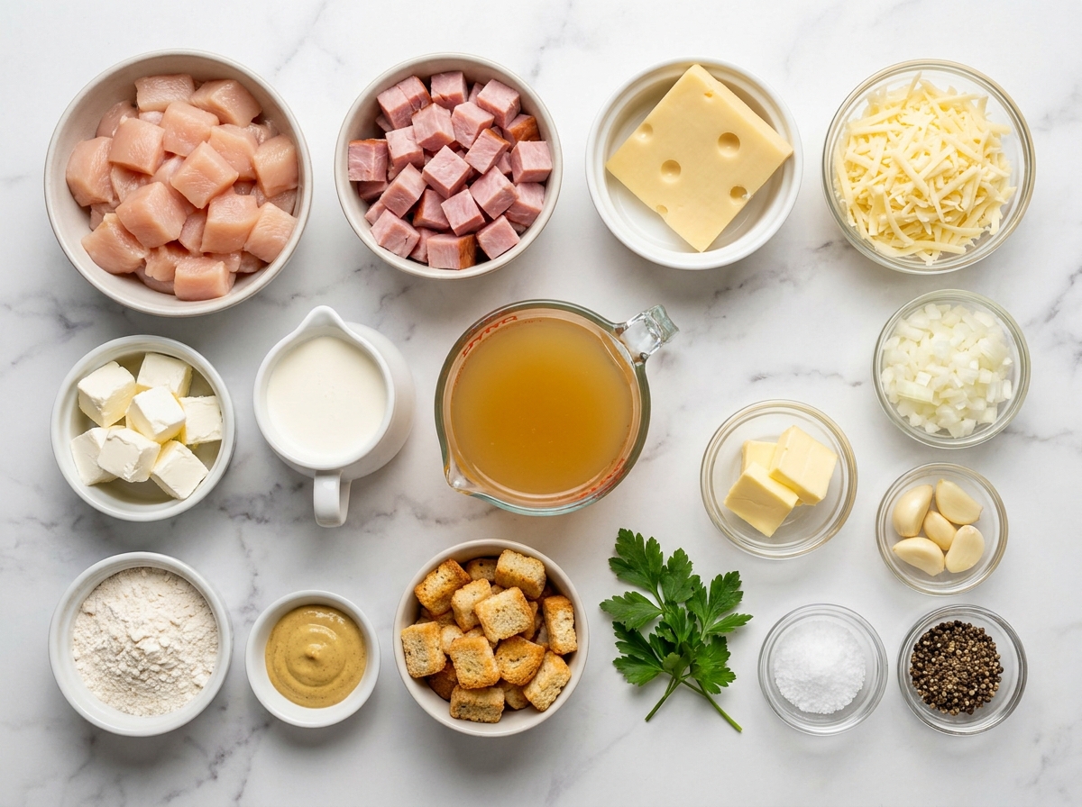 Ingredients for creamy chicken cordon bleu soup with ham and Swiss cheese