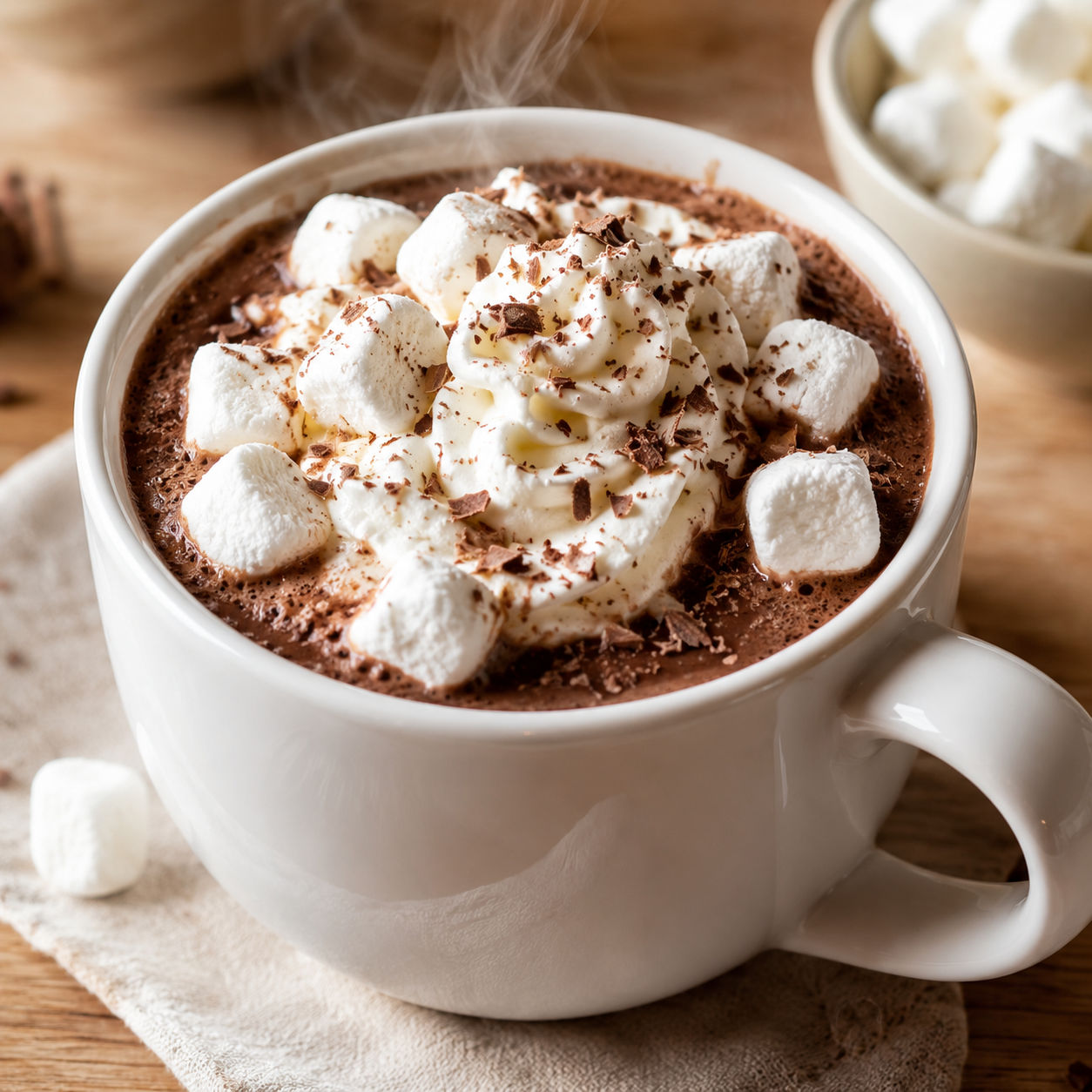 Rich crockpot hot chocolate with whipped cream and marshmallows