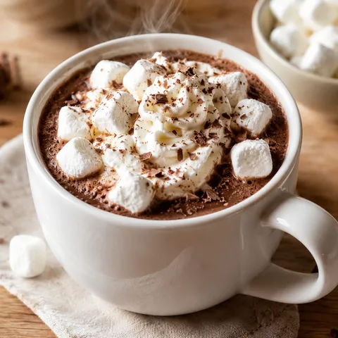 Rich crockpot hot chocolate with whipped cream and marshmallows
