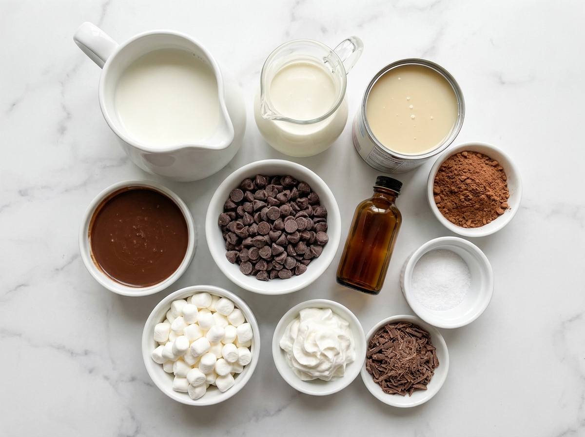 Ingredients for rich crockpot hot chocolate on a wooden counter