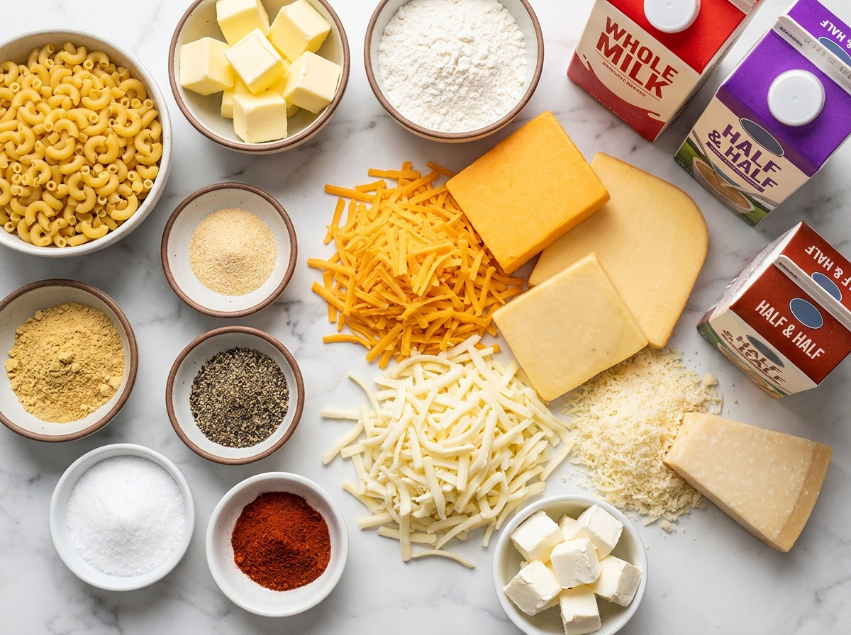 Ingredients for five cheese mac with cheddar gouda on a marble counter
