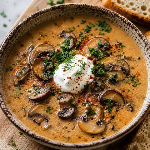 Creamy Hungarian mushroom soup with sour cream, dill, and paprika