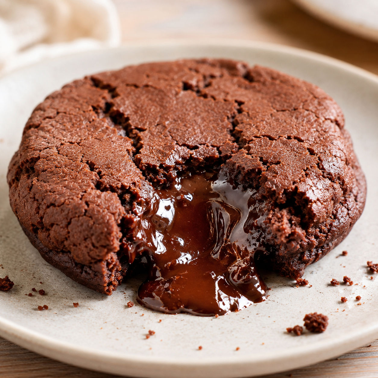Rich molten chocolate cookie with a crackly shell and gooey fudge center