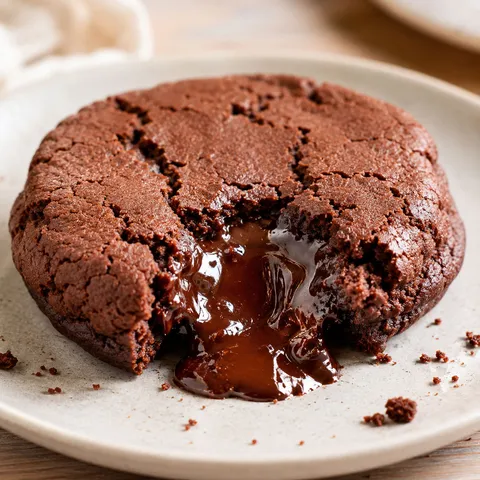 Rich molten chocolate cookie with a crackly shell and gooey fudge center