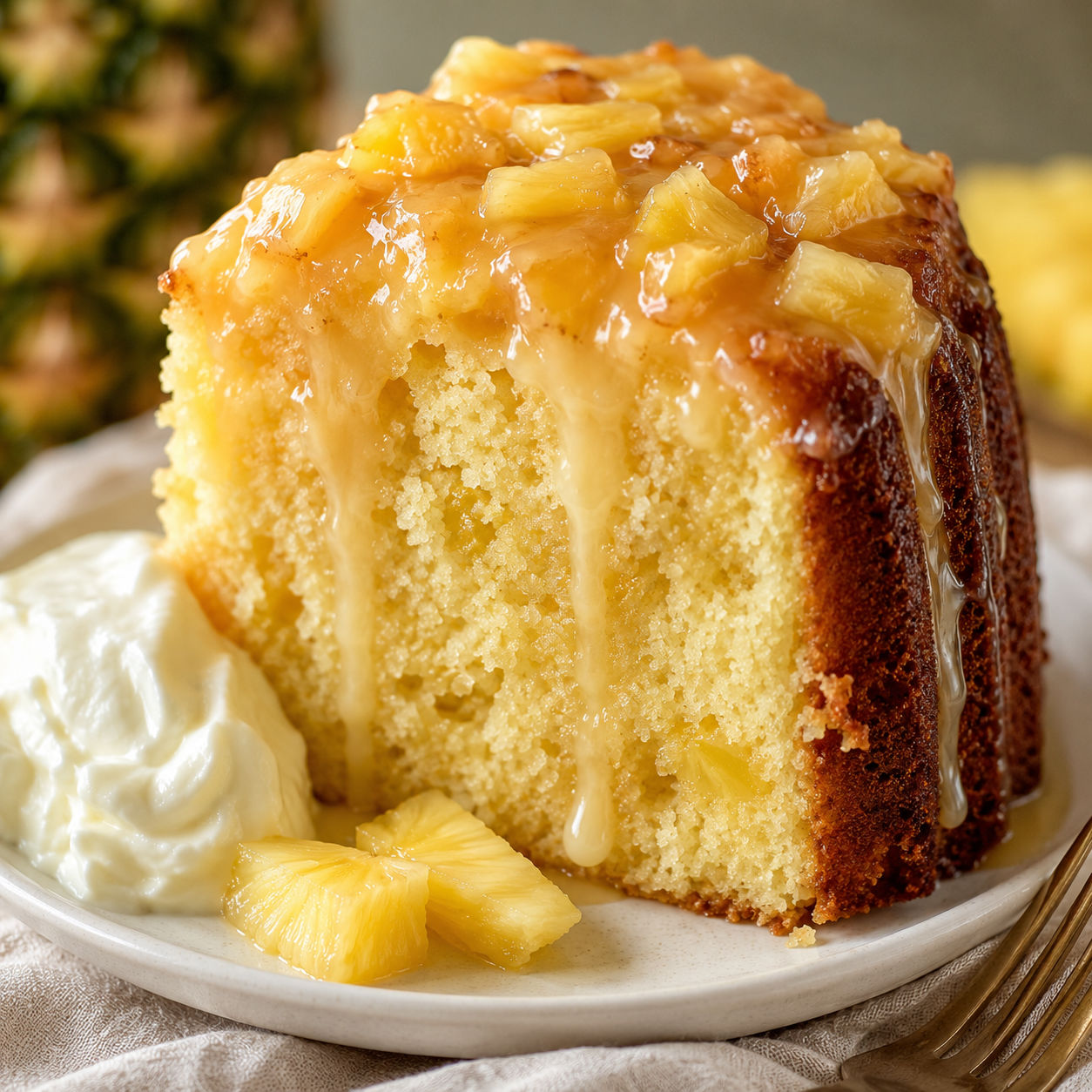 Pineapple pound cake slice with glossy glaze on a white plate