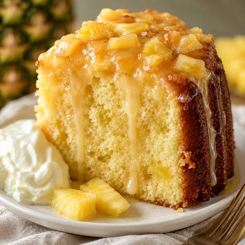 Pineapple pound cake slice with glossy glaze on a white plate