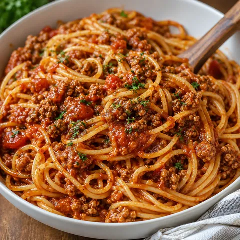Skillet spaghetti with classic meat sauce and parsley in a shallow bowl