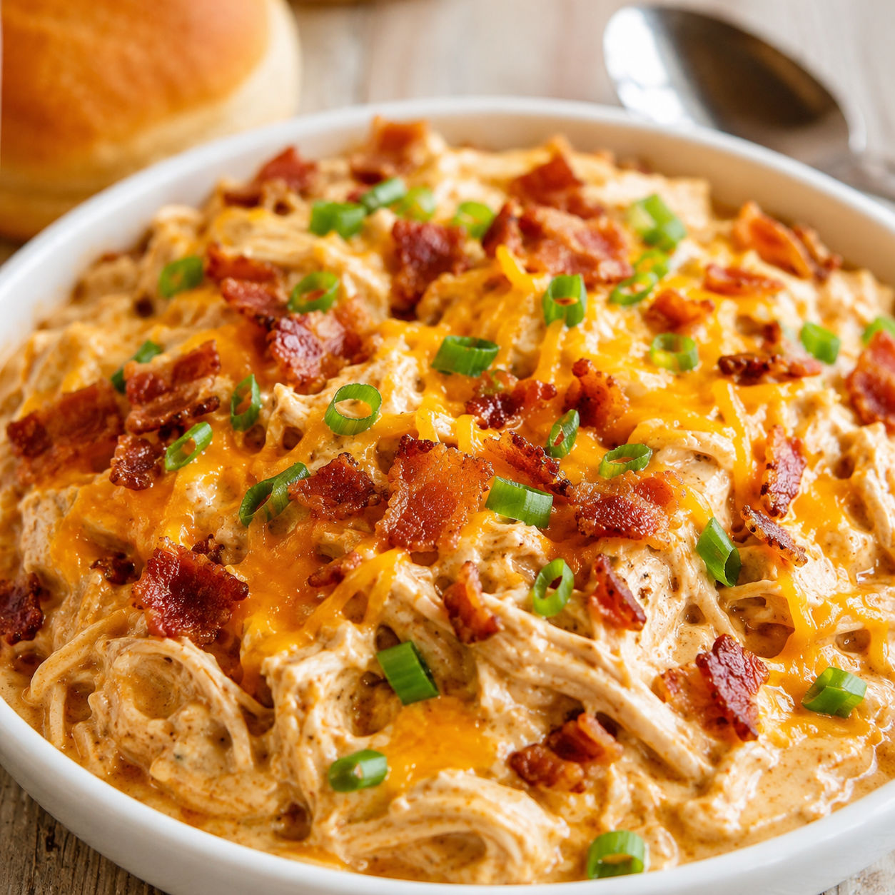 Creamy cheddar bacon slow cooker chicken with green onions in a bowl