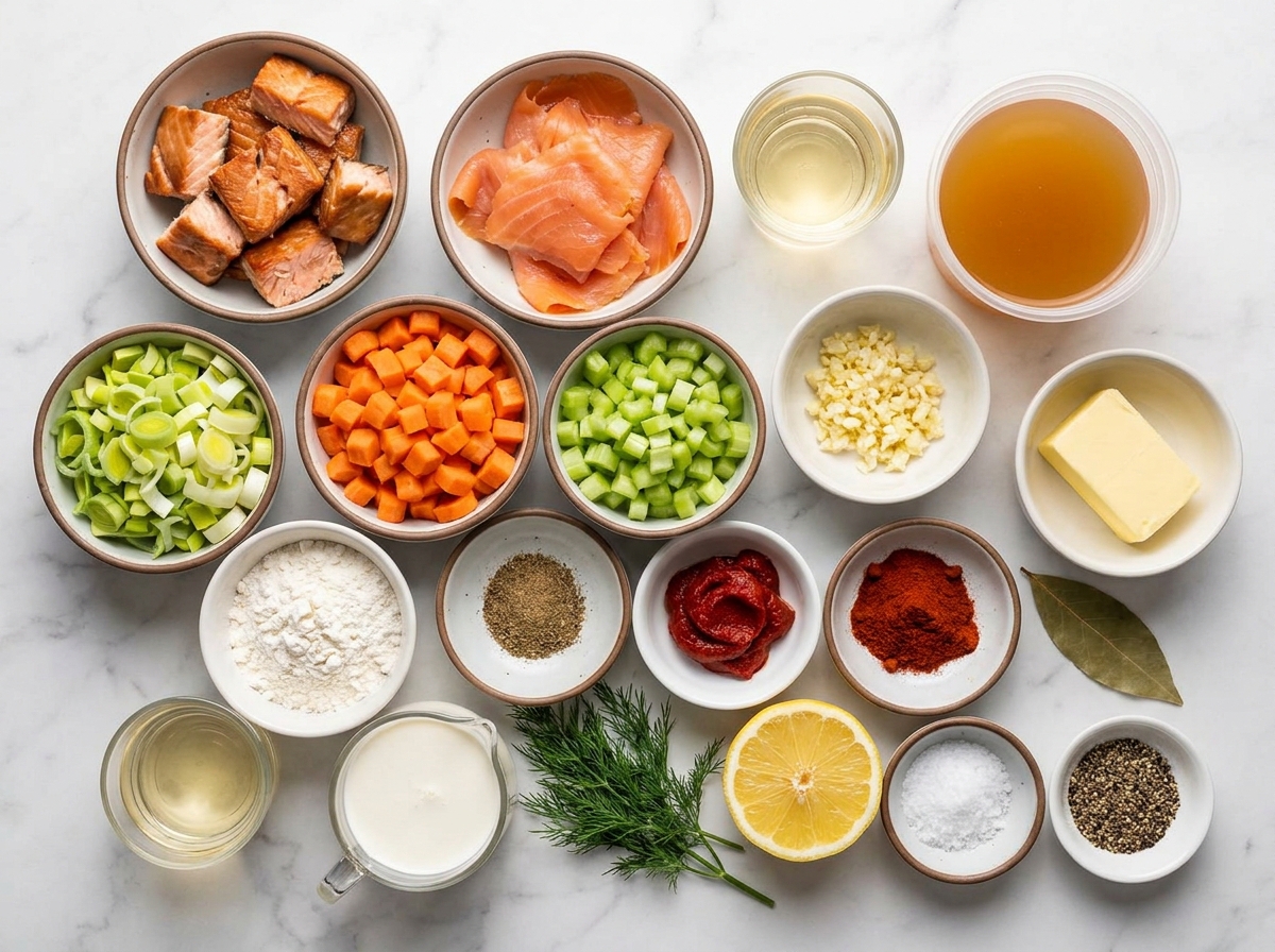 Ingredients for smoked salmon bisque with leeks, cream, dill, and lemon