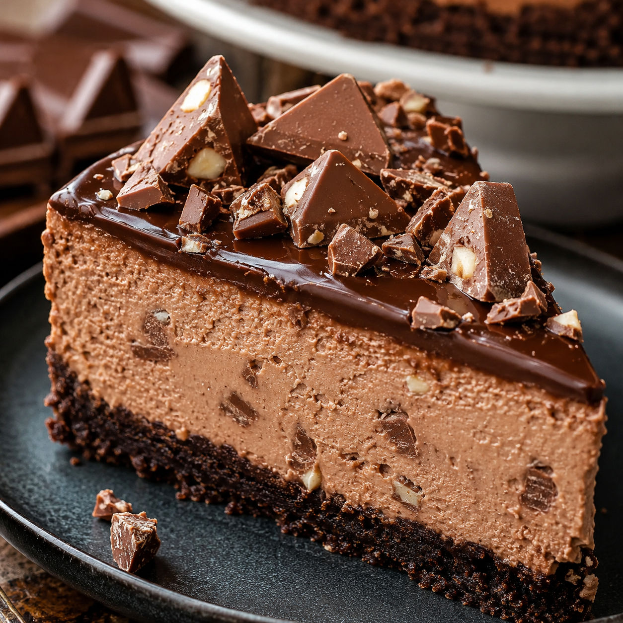 Toblerone cheesecake slice with chocolate ganache and chopped candy