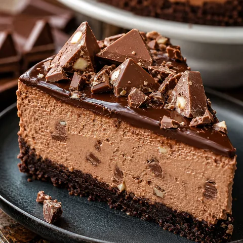 Toblerone cheesecake slice with chocolate ganache and chopped candy