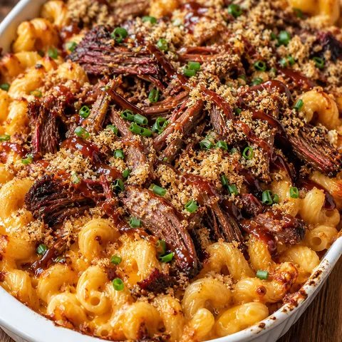 Brisket mac and cheese with chives and barbecue sauce in a baking dish