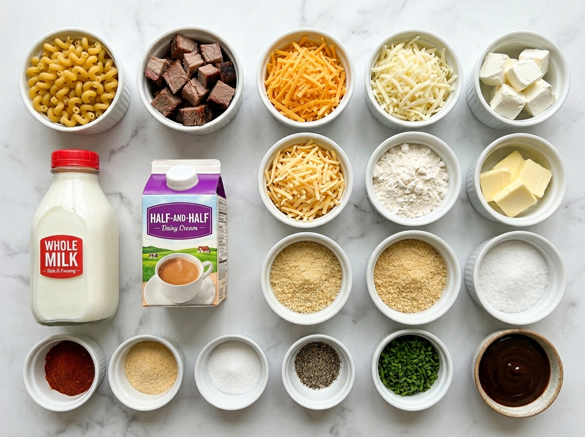 Ingredients for brisket mac and cheese with pasta, cheeses, and smoked brisket