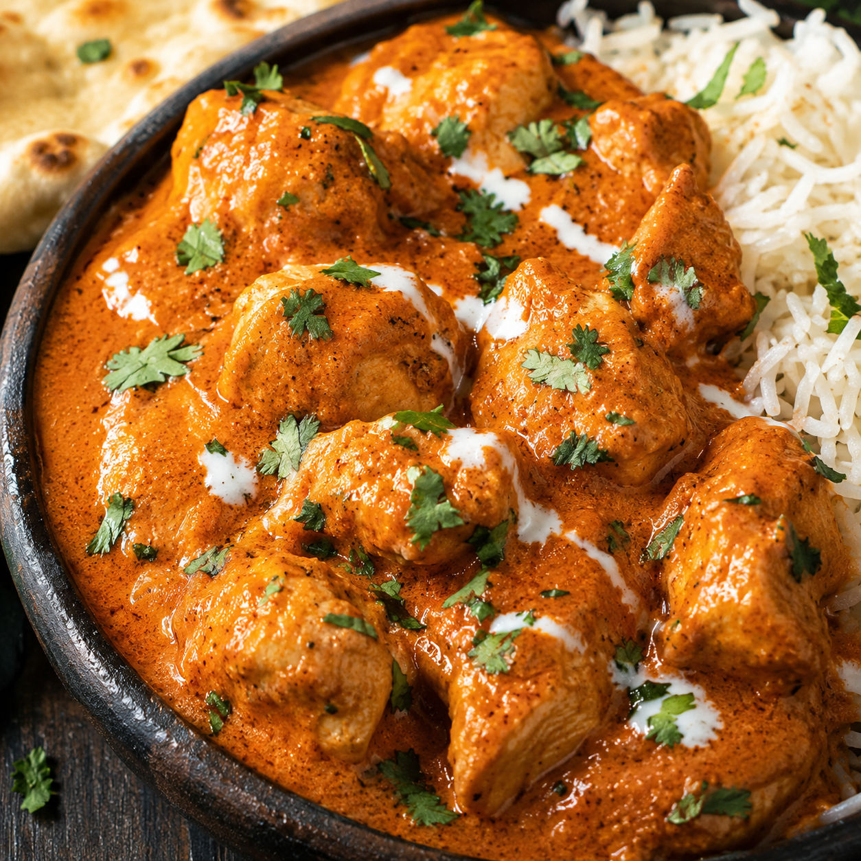 Rich and creamy butter chicken with cilantro in a dark bowl
